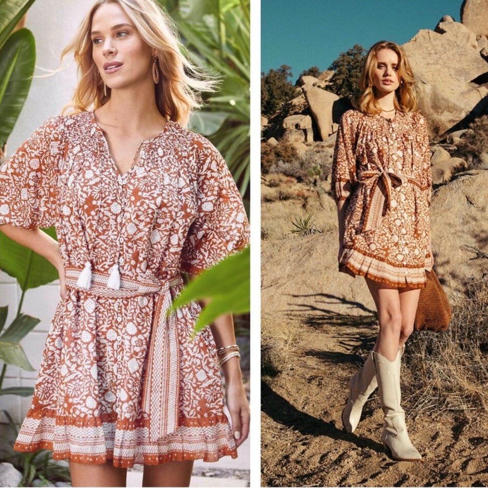 NWT Cleobella Gwen Orange Floral Boho Tie Tassel Mini Dress Small